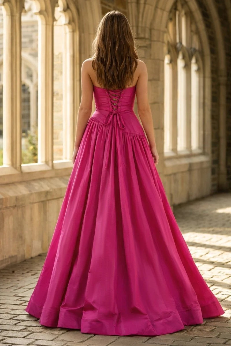 Glamorous A-Line Strapless Sleeveless Pleated Slit Magenta Floor-Length Prom Dresses Women