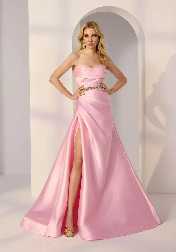 Glamorous A-Line Strapless Sleeveless Pleated Slit Pink Long Prom Dresses Gown