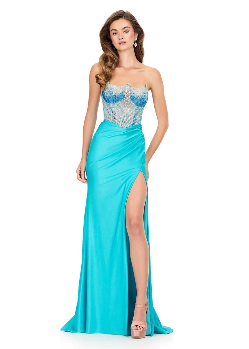 Glamorous A-Line Strapless Sweetheart Beaded High Slit Aqua Blue Floor-Length Prom Dress
