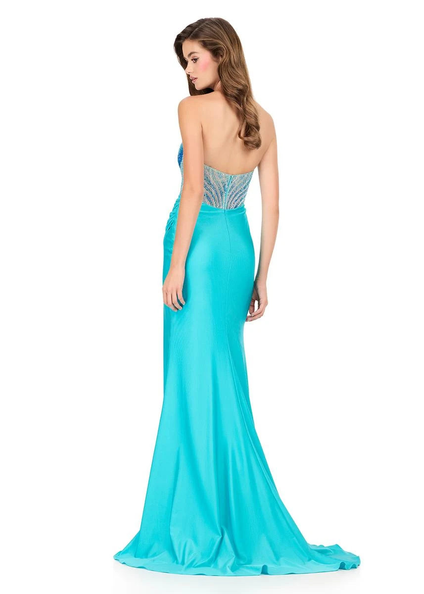 Glamorous A-Line Strapless Sweetheart Beaded High Slit Aqua Blue Floor-Length Prom Dress