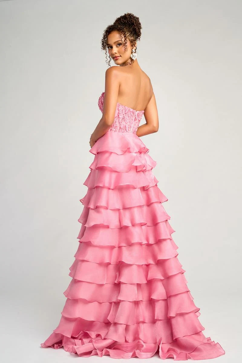 Glamorous A-Line Strapless Sweetheart Tiered Ruffle High Slit Pink Floor-Length Prom Gown