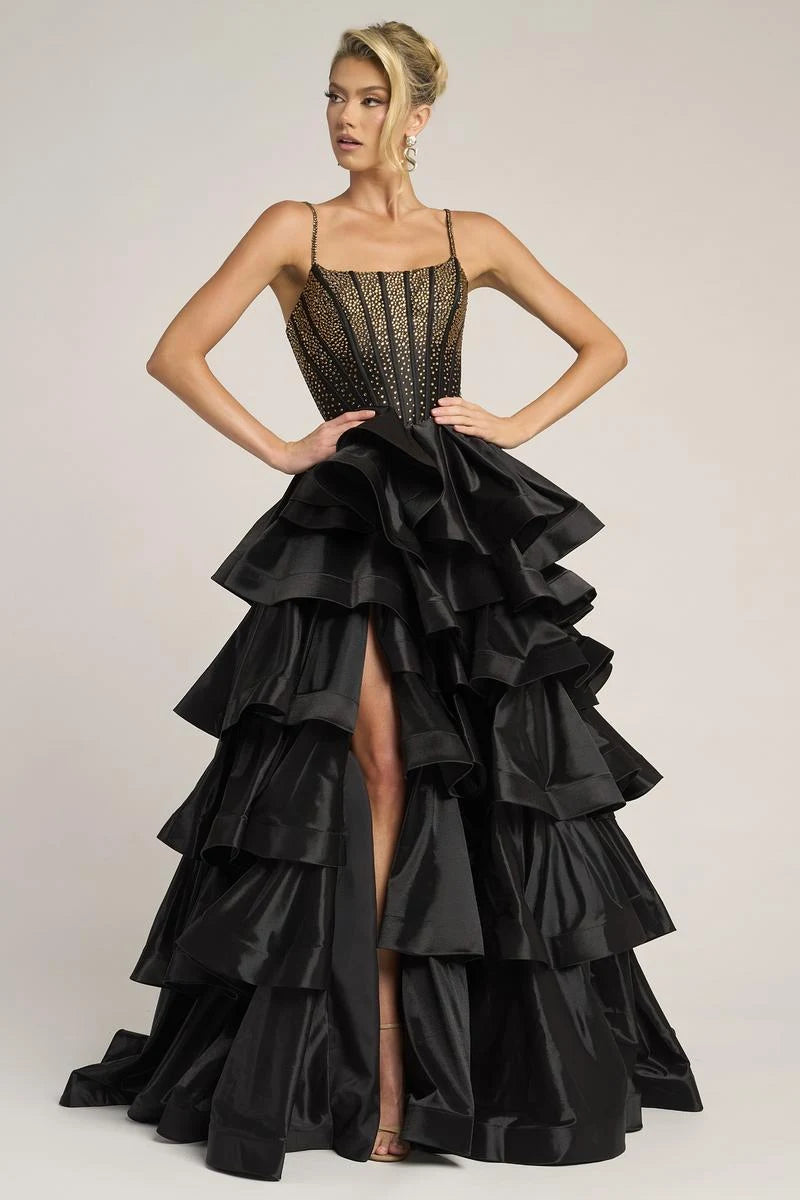Glamorous A-Line Strapless Tiered Ruffle High Slit Black Floor-Length Prom Dresses Women's Gown