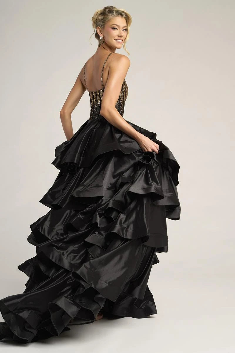 Glamorous A-Line Strapless Tiered Ruffle High Slit Black Floor-Length Prom Dresses Women's Gown
