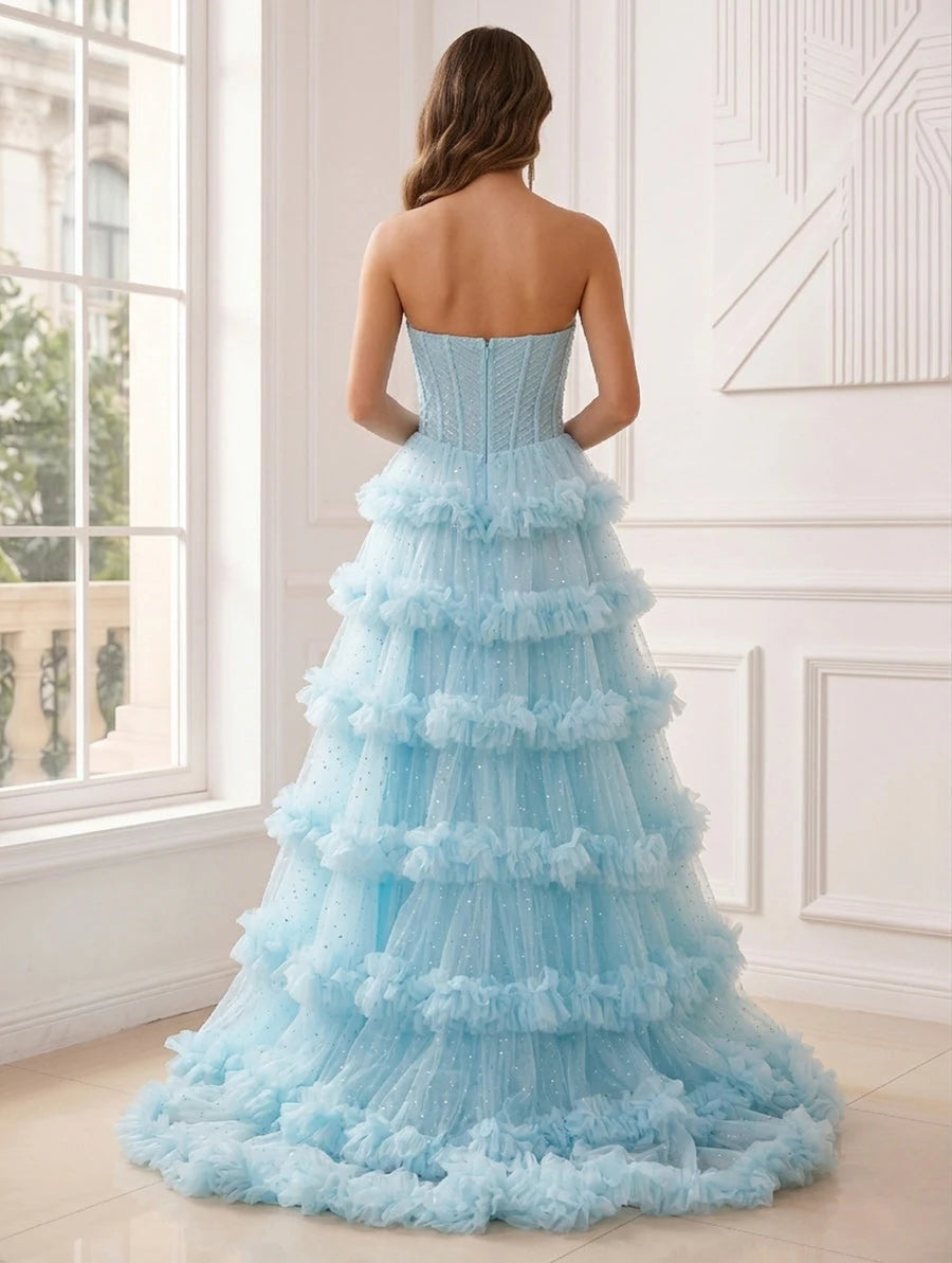 Glamorous A-Line Strapless Tiered Ruffles High Slit Sky Blue Floor-Length Prom Dress