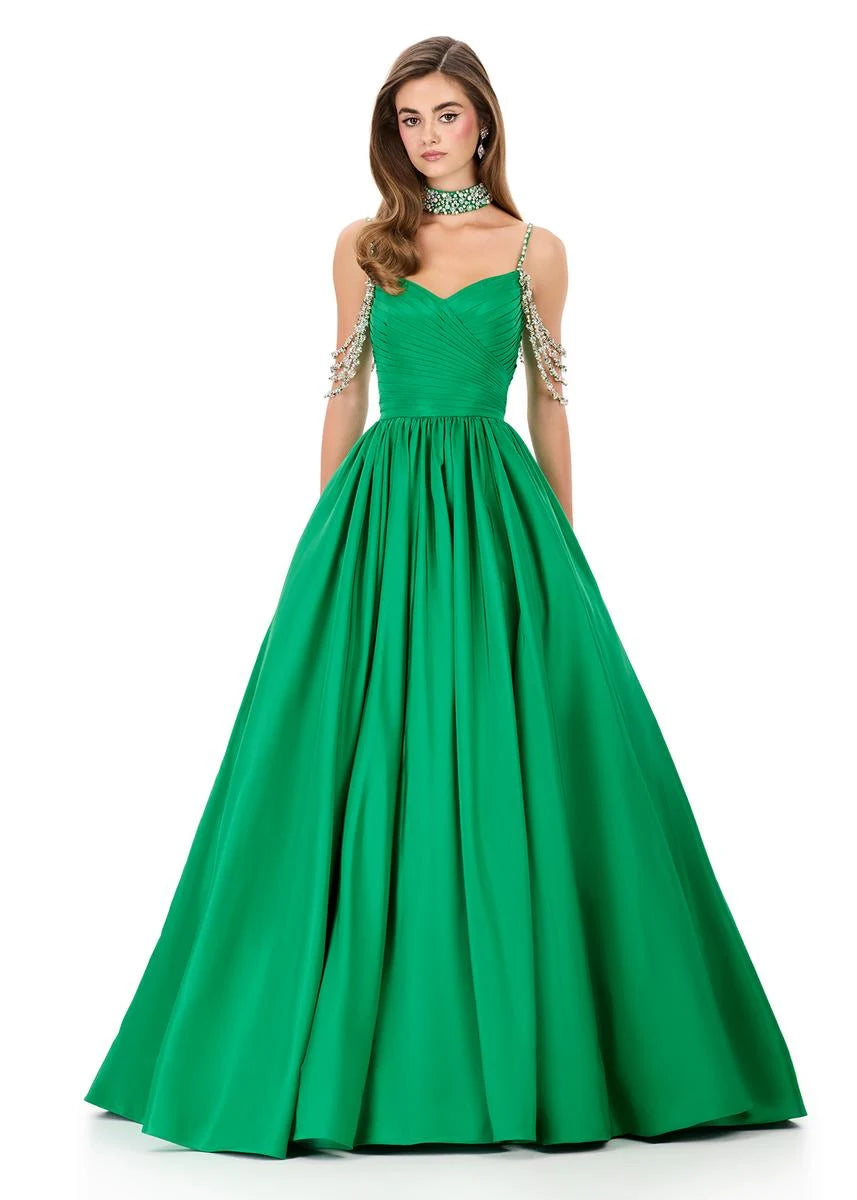 Glamorous A-Line Sweetheart Beaded Off-Shoulder Emerald Green Floor-Length Prom Dress