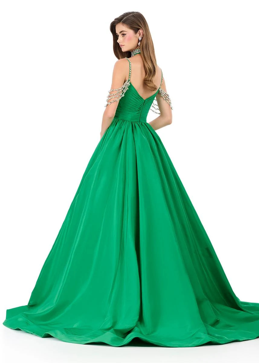 Glamorous A-Line Sweetheart Beaded Off-Shoulder Emerald Green Floor-Length Prom Dress