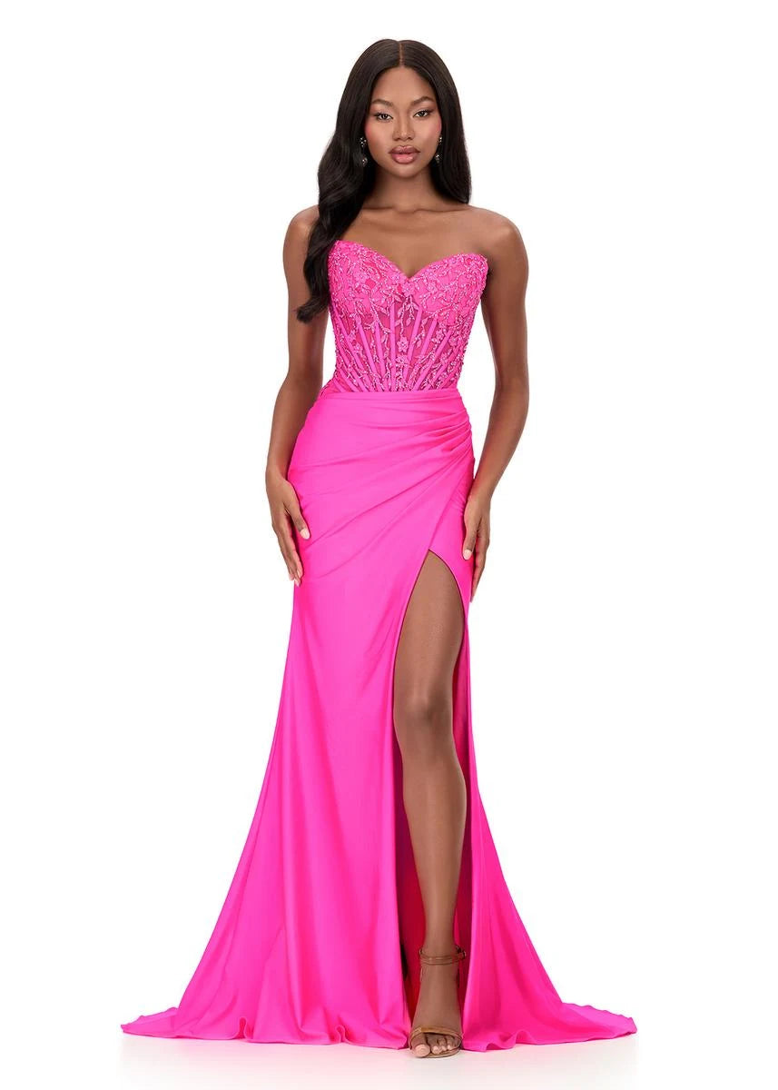 Glamorous A-Line Sweetheart Embellished High-Slit Hot Pink Floor-Length Prom Dress for Women