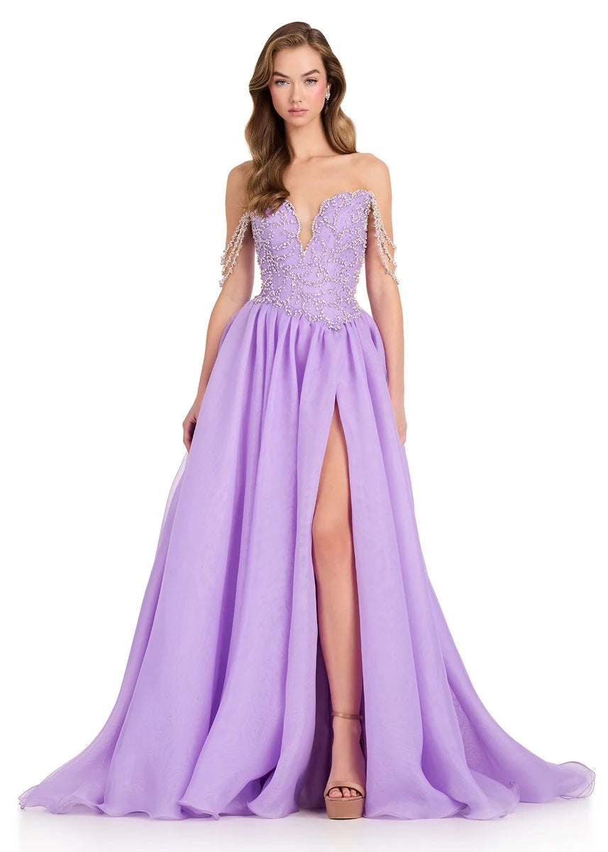 Glamorous A-Line Sweetheart Off-Shoulder Beaded Slit Lavender Floor Prom Dress Gown
