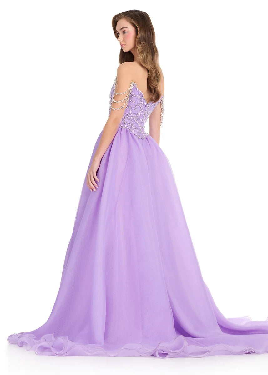 Glamorous A-Line Sweetheart Off-Shoulder Beaded Slit Lavender Floor Prom Dress Gown