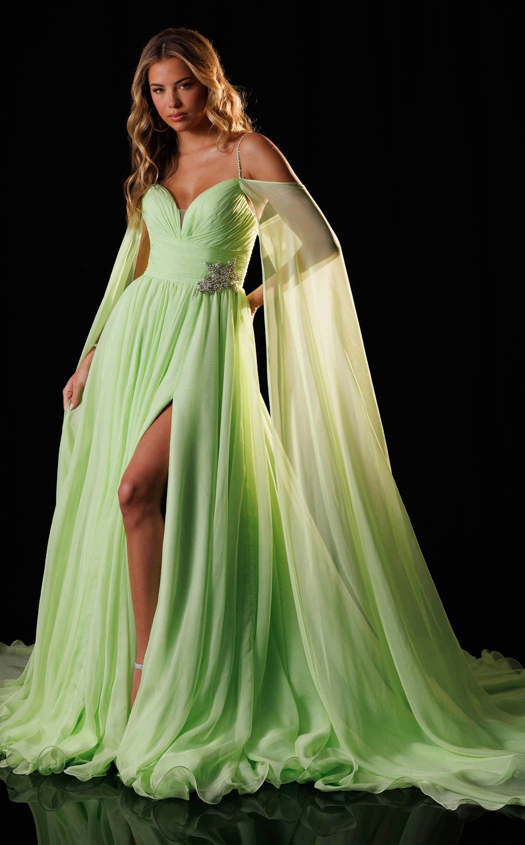 Glamorous A-Line Sweetheart Off-Shoulder Cape Lime Green Floor-Length Prom Dresses Women's Gown