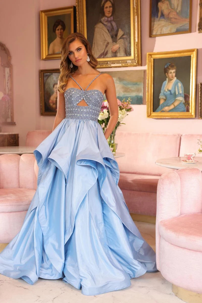 Glamorous A-Line Sweetheart Sleeveless Beaded Cutout Sky Blue Floor-Length Prom Gown