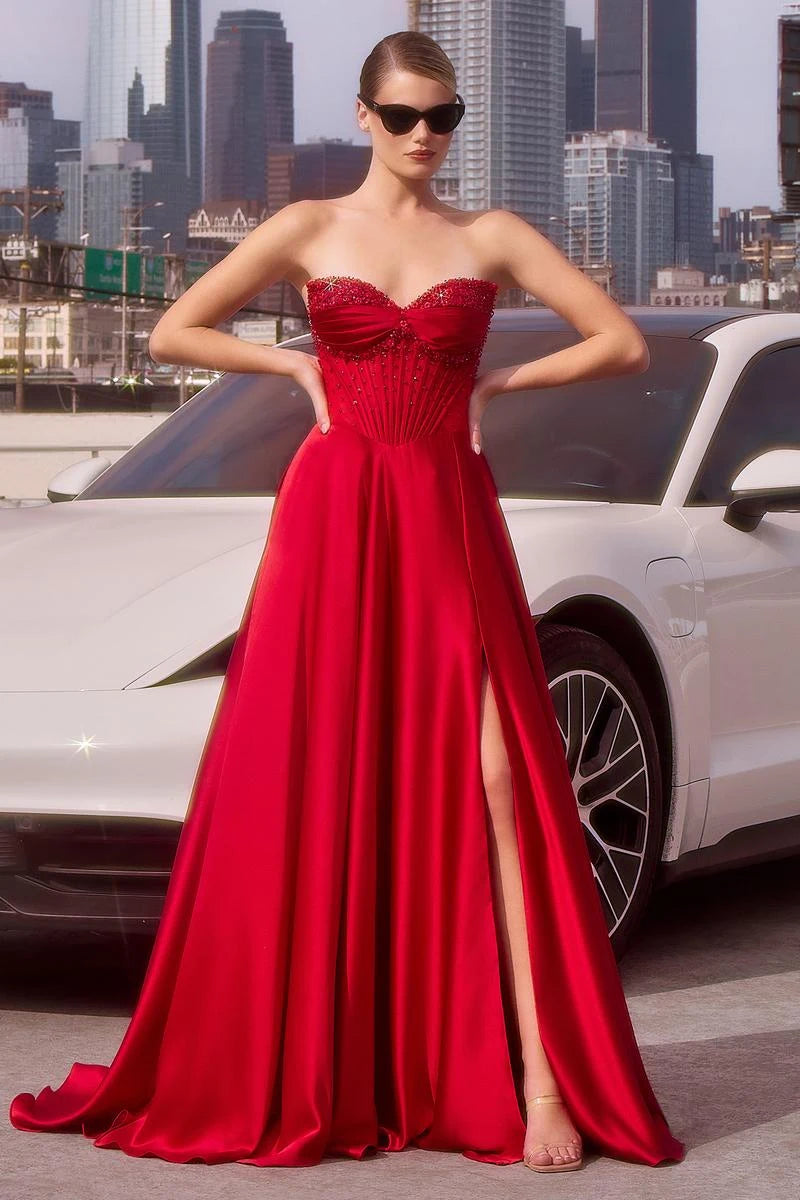 Glamorous A-Line Sweetheart Sleeveless Beaded High Slit Red Floor-Length Prom Gown