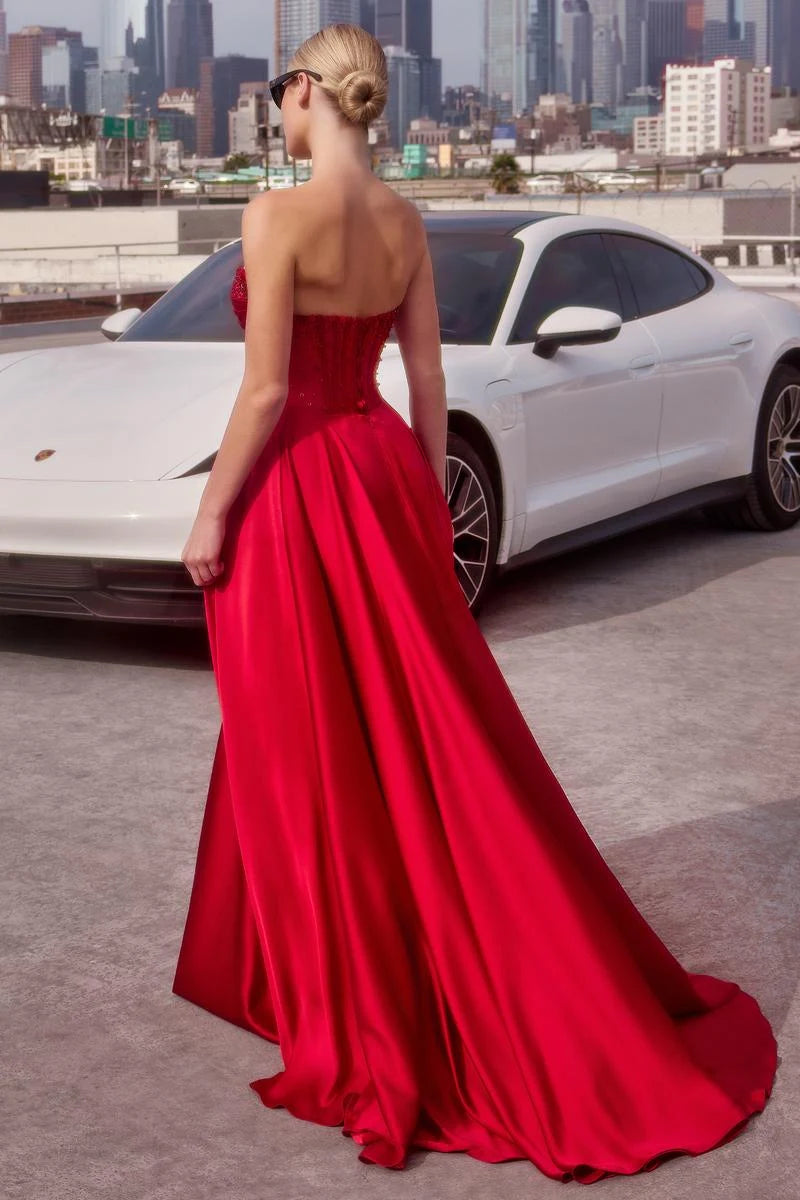 Glamorous A-Line Sweetheart Sleeveless Beaded High Slit Red Floor-Length Prom Gown