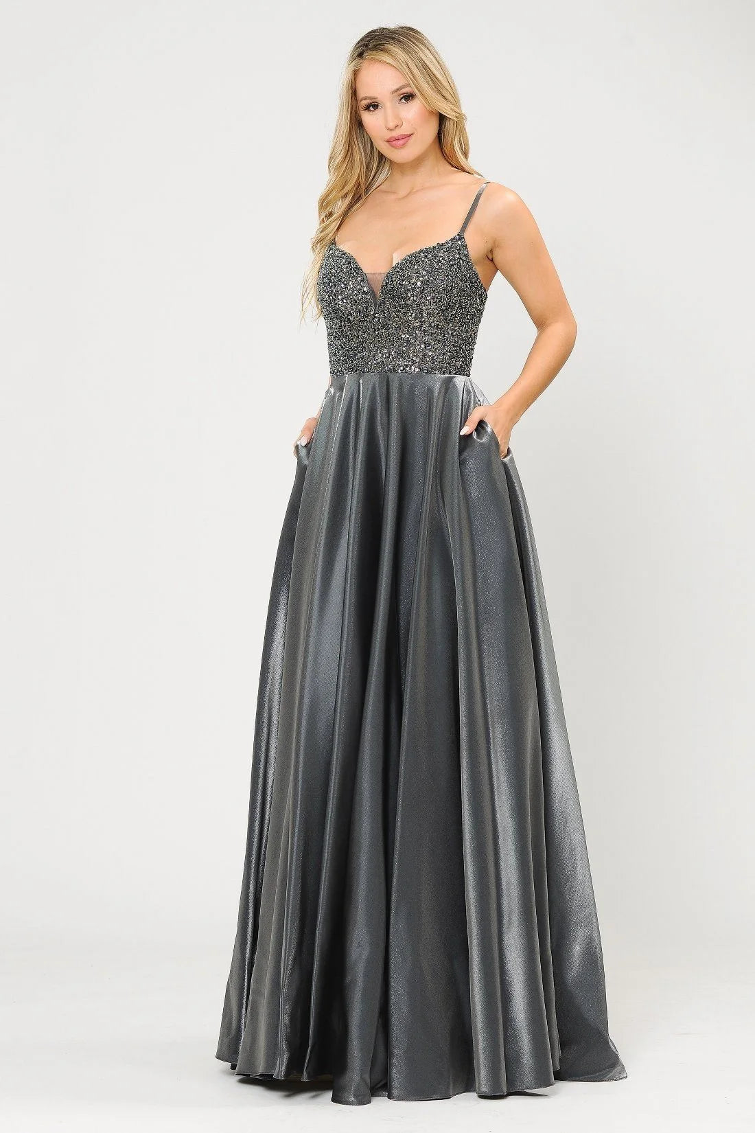 Glamorous A-Line Sweetheart Sleeveless Beaded Pockets Charcoal Floor-Length Prom Gown
