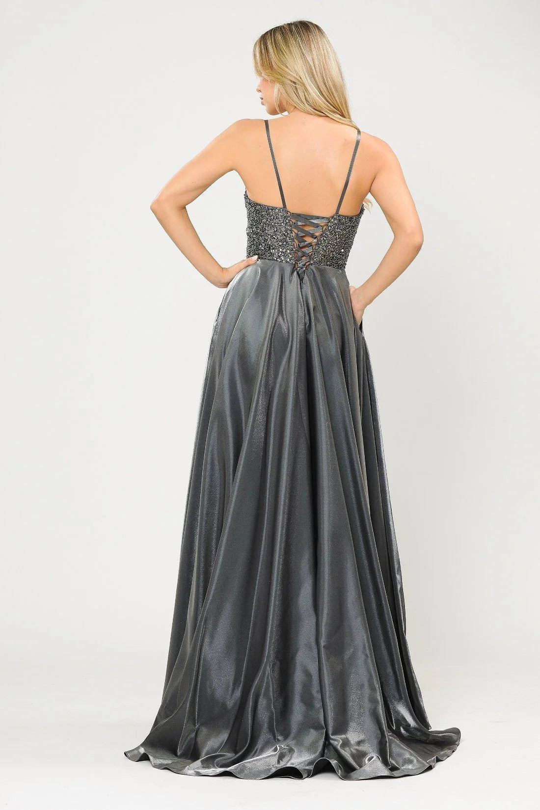 Glamorous A-Line Sweetheart Sleeveless Beaded Pockets Charcoal Floor-Length Prom Gown