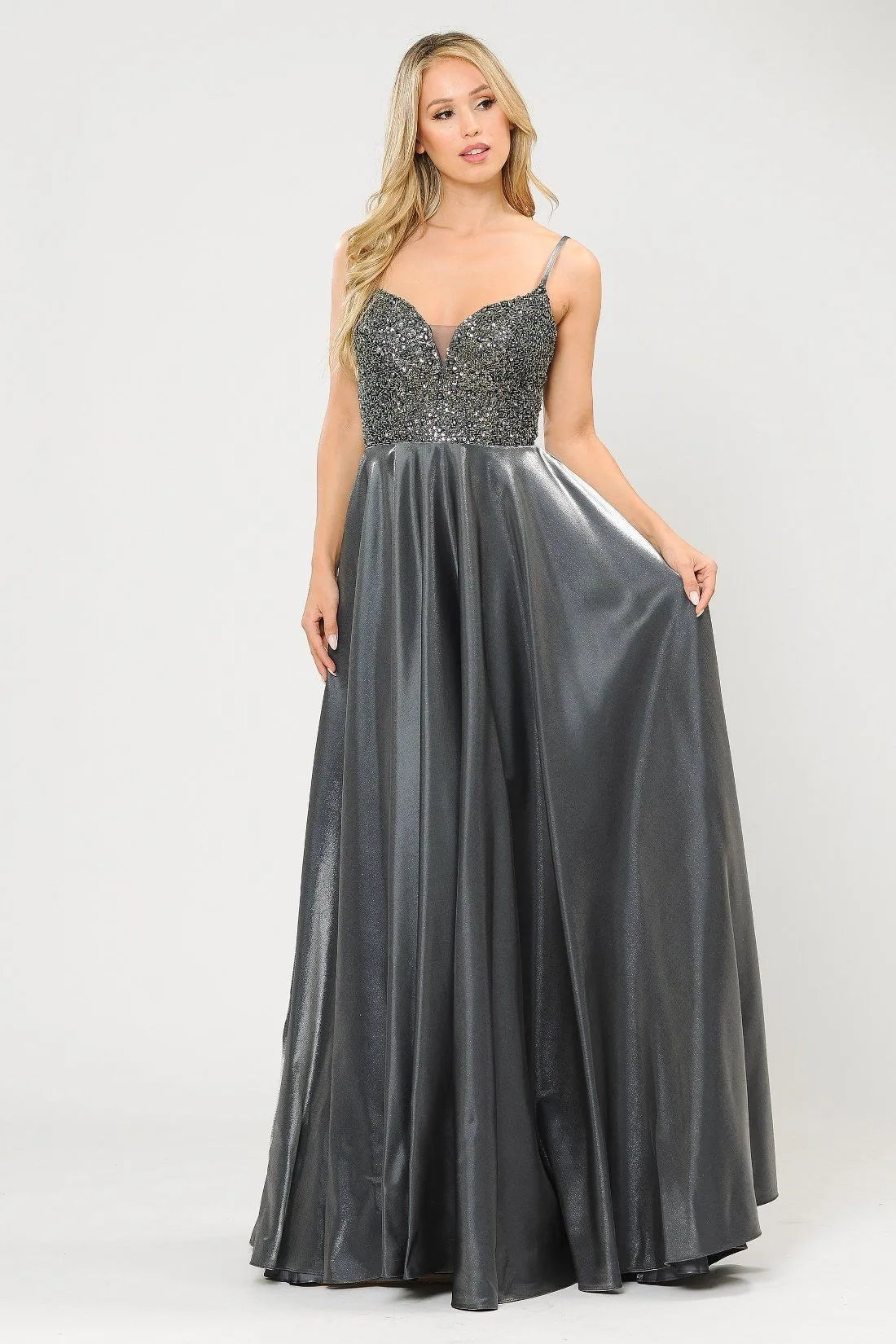 Glamorous A-Line Sweetheart Sleeveless Beaded Pockets Charcoal Floor-Length Prom Gown