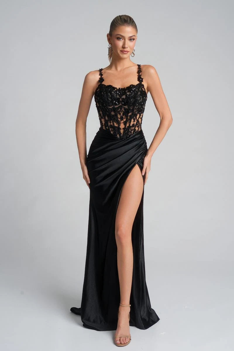 Glamorous A-Line Sweetheart Sleeveless Beaded Slit Black Floor-Length Prom Gown