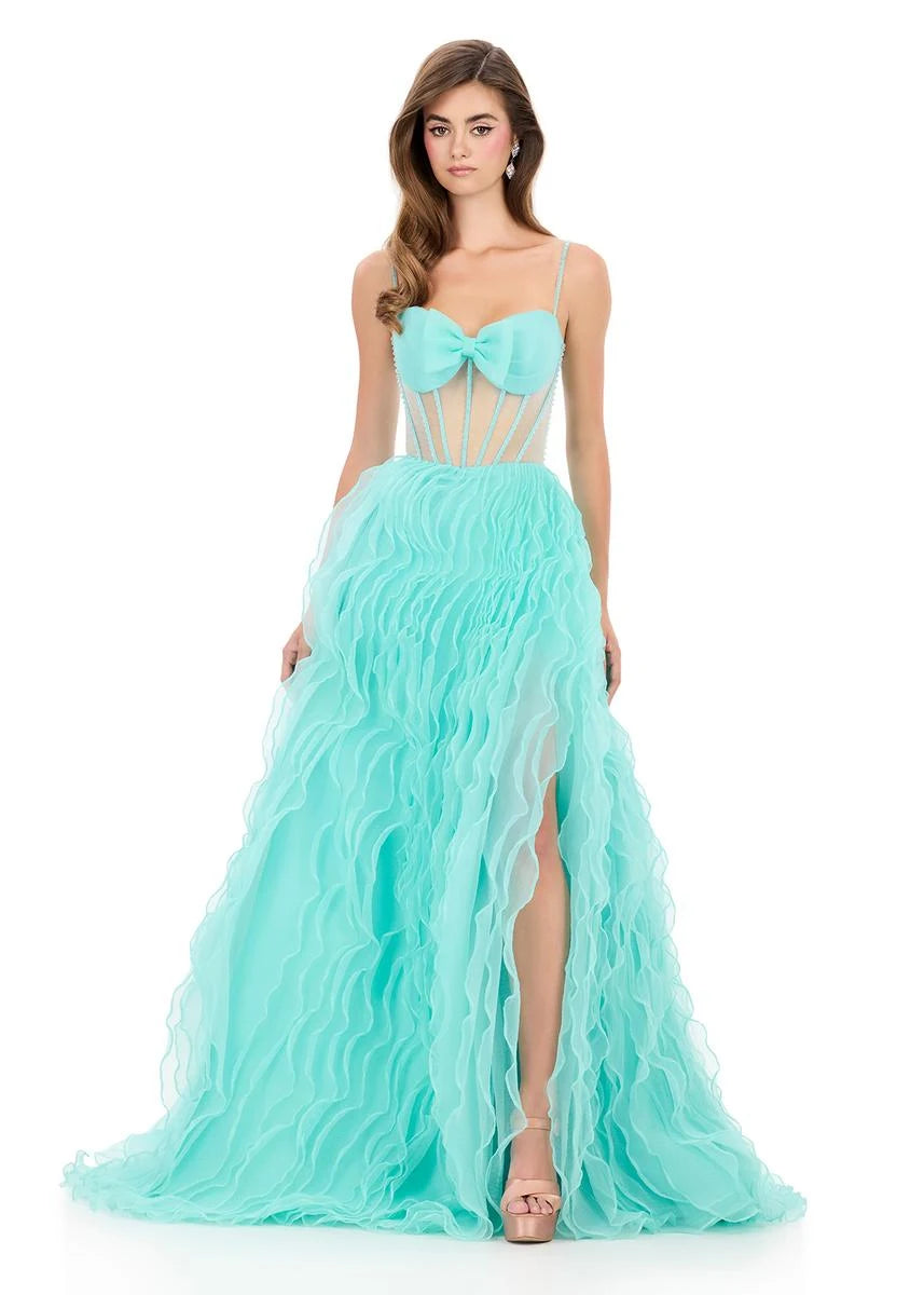 Glamorous A-Line Sweetheart Sleeveless Bow Slit Aqua Blue Floor-Length Prom Gown