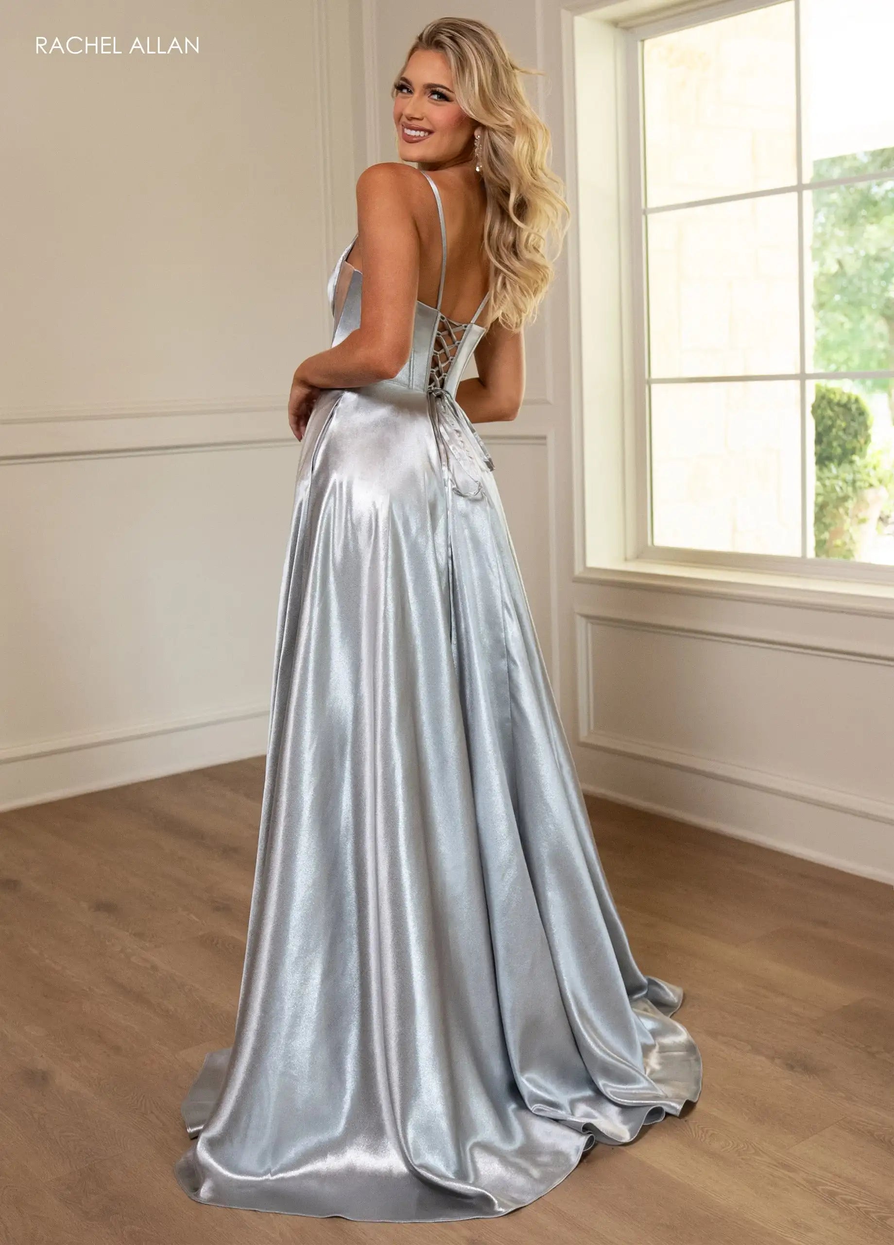 Glamorous A-Line Sweetheart Sleeveless Corset High Slit Silver Floor-Length Prom Dresses