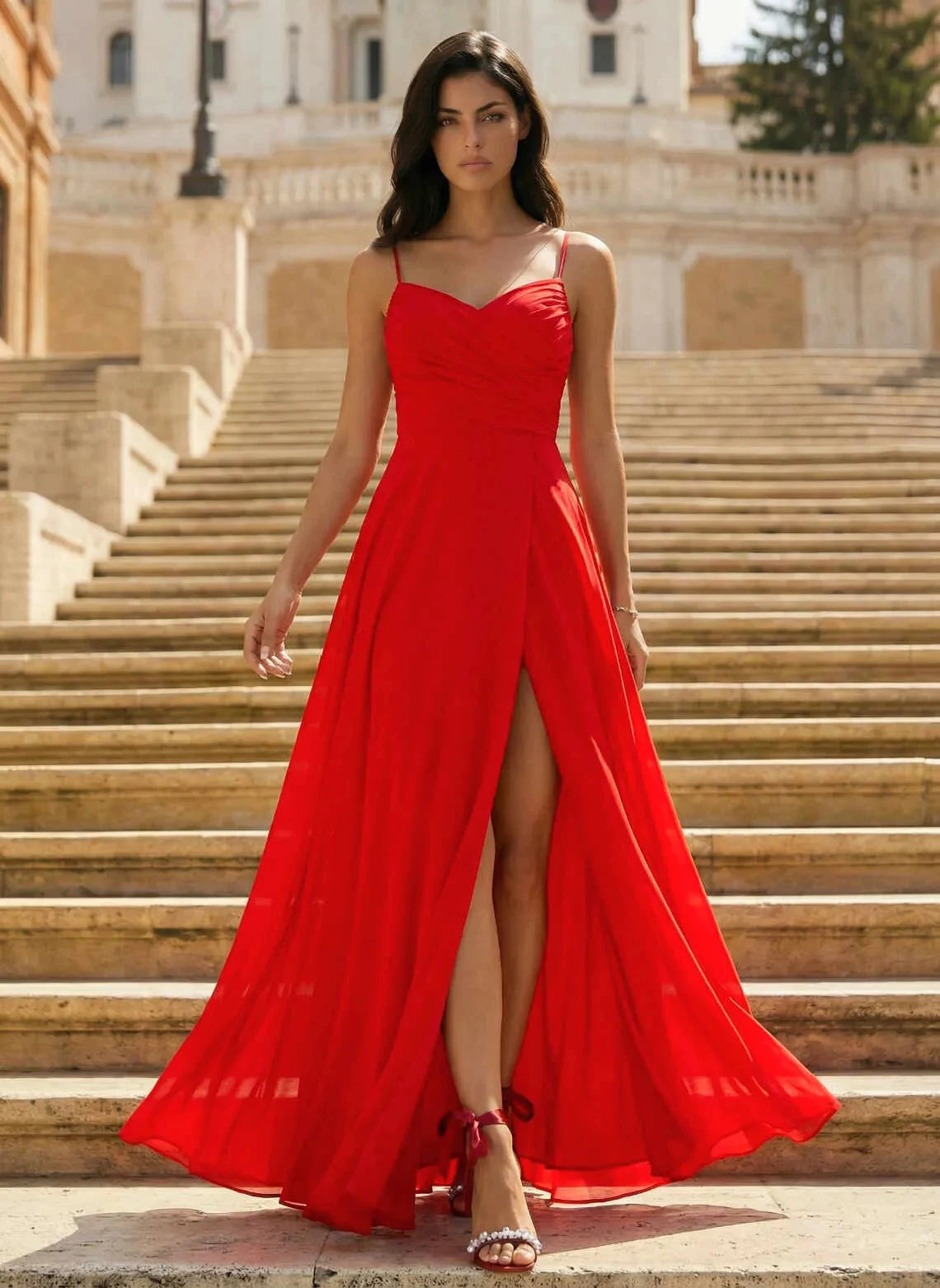 Glamorous A-Line Sweetheart Sleeveless Ruched Slit Red Floor-Length Prom Dress Gown