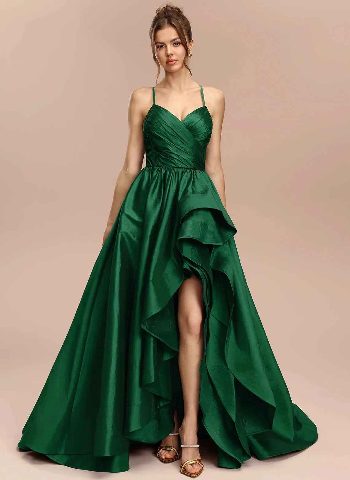 Glamorous A-Line Sweetheart Sleeveless Ruffled Emerald Green High-Low Prom Gown