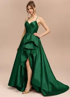 Glamorous A-Line Sweetheart Sleeveless Ruffled Emerald Green High-Low Prom Gown