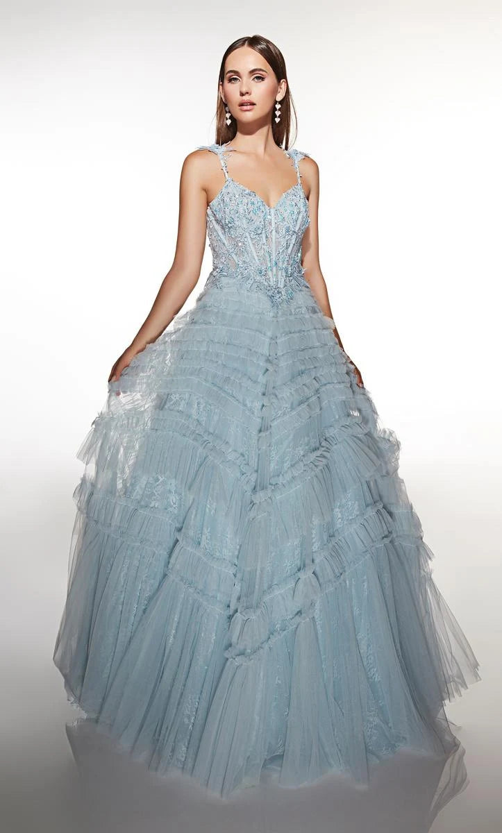 Glamorous A-Line Sweetheart Sleeveless Ruffled Tiered Light Blue Floor-Length Prom Dress