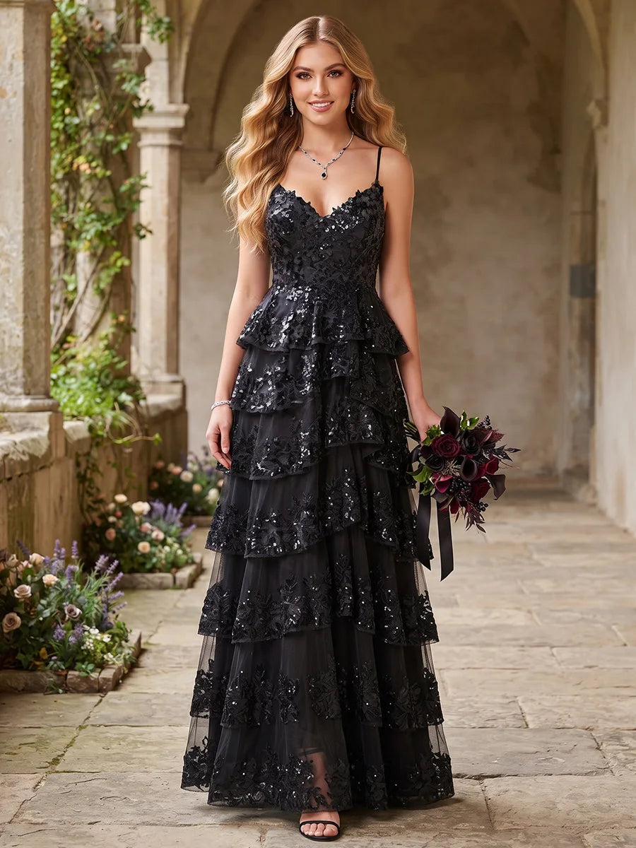 Glamorous A-Line Sweetheart Sleeveless Sequin Embellished Black Floor-Length Prom Dresses Women's Gown