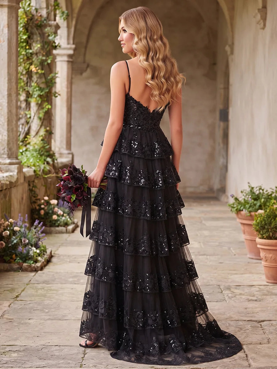 Glamorous A-Line Sweetheart Sleeveless Sequin Embellished Black Floor-Length Prom Dresses Women's Gown