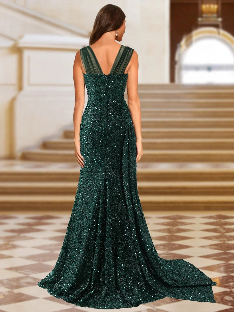Glamorous A-Line Sweetheart Sleeveless Sequin High Slit Emerald Green Floor-Length Prom Gown