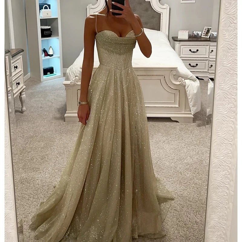 Glamorous A-Line Sweetheart Sleeveless Sparkling Champagne Floor-Length Prom Dresses Women's Gown