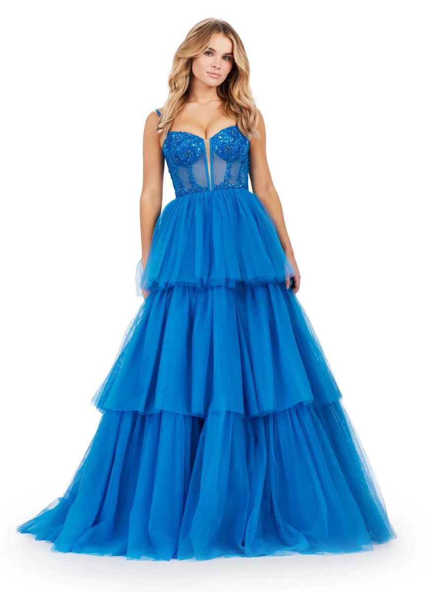 Glamorous A-Line Sweetheart Sleeveless Tiered Beaded Royal Blue Long Prom Gown