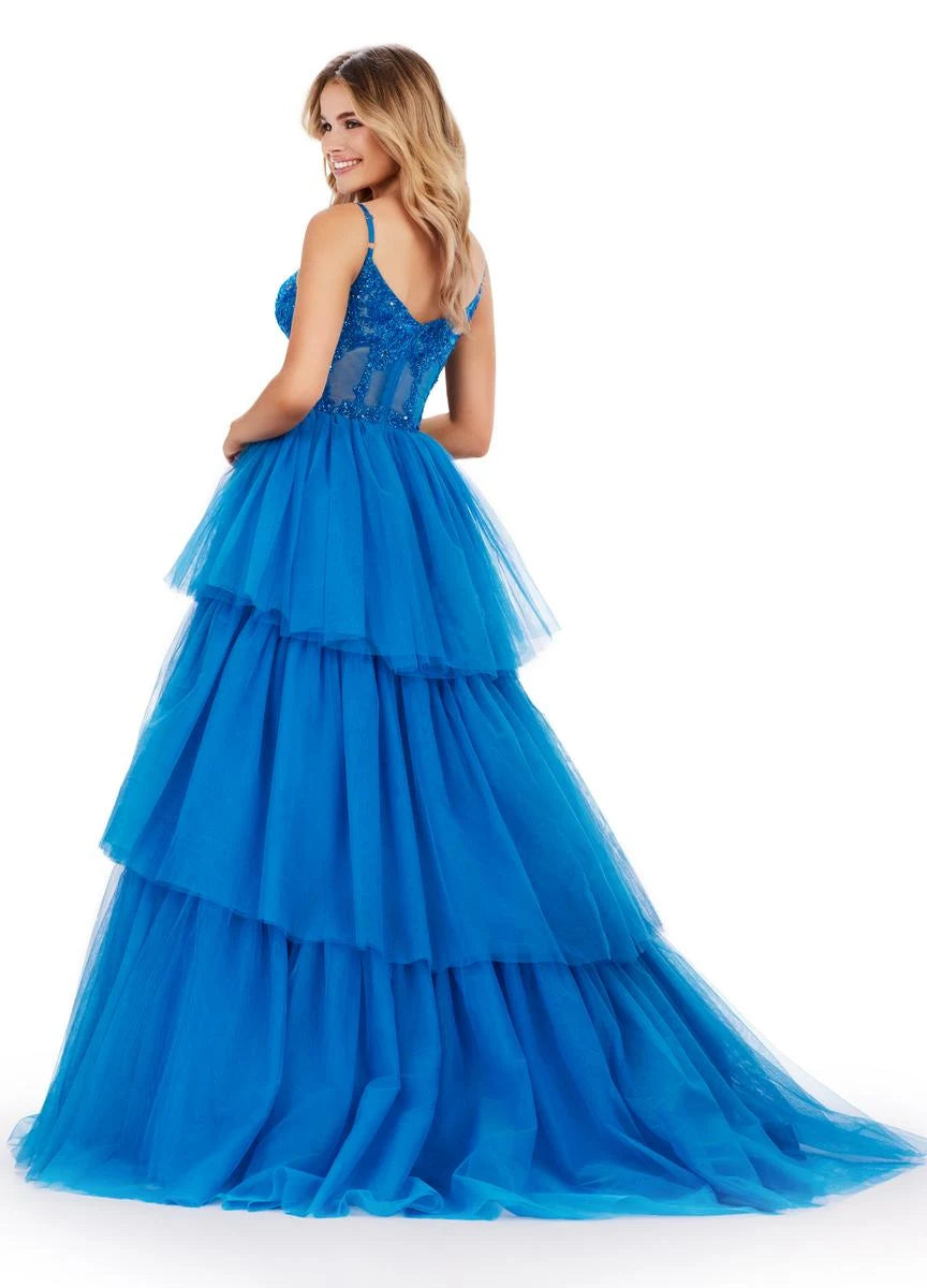 Glamorous A-Line Sweetheart Sleeveless Tiered Beaded Royal Blue Long Prom Gown