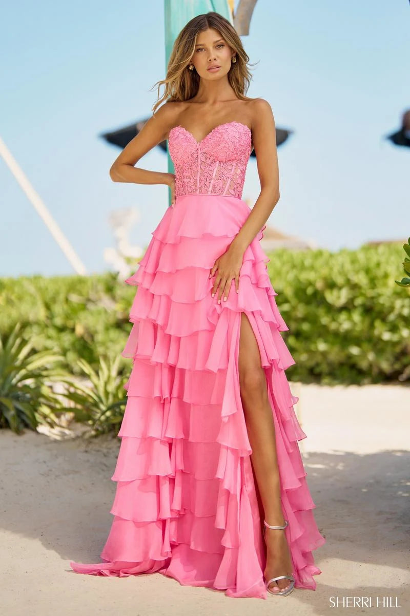 Glamorous A-Line Sweetheart Sleeveless Tiered Ruffle Fuchsia Floor-Length Prom Dress