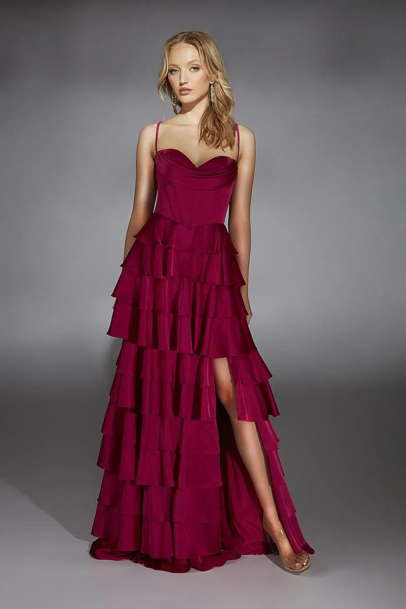 Glamorous A-Line Sweetheart Sleeveless Tiered Ruffle Magenta Floor-Length Prom Dress