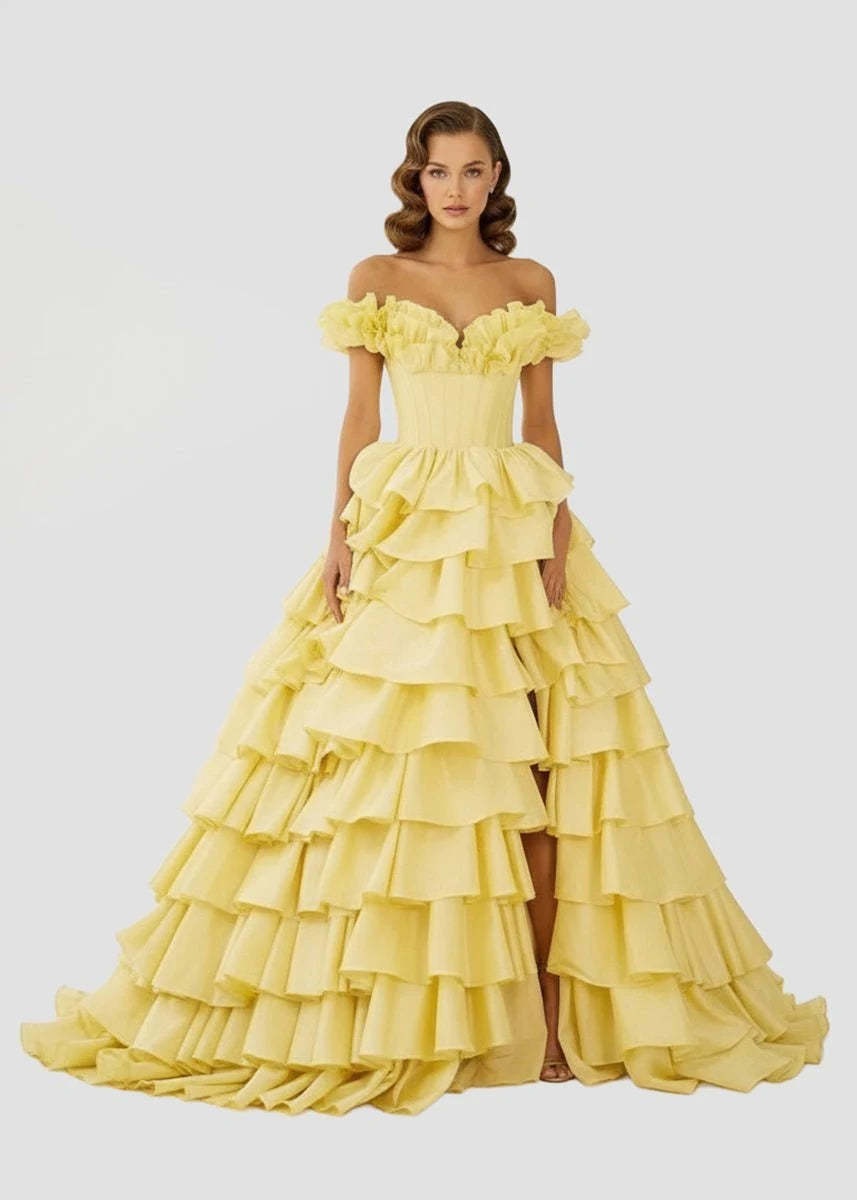 Glamorous A-Line Sweetheart Sleeveless Tiered Ruffled Yellow Floor-Length Prom Dresses Women