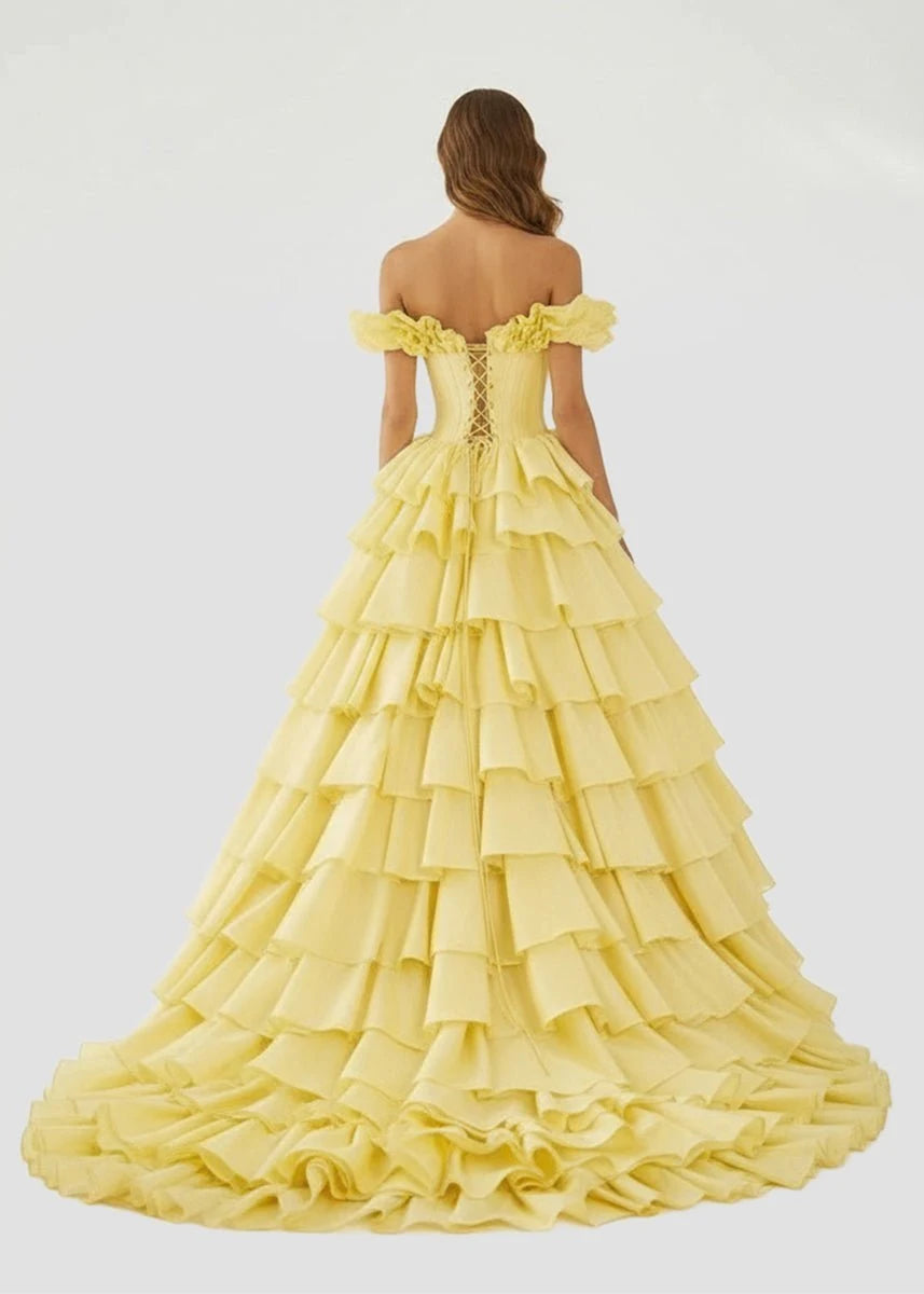 Glamorous A-Line Sweetheart Sleeveless Tiered Ruffled Yellow Floor-Length Prom Dresses Women