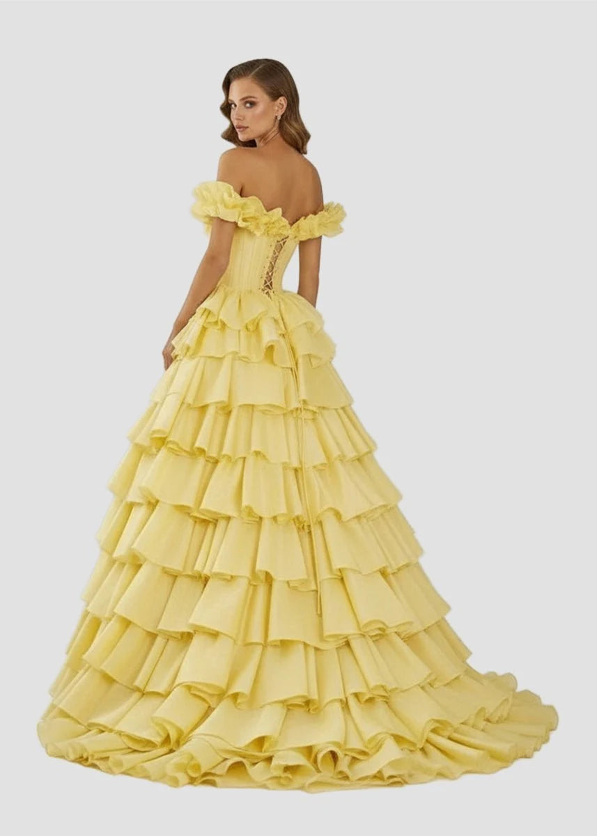 Glamorous A-Line Sweetheart Sleeveless Tiered Ruffled Yellow Floor-Length Prom Dresses Women