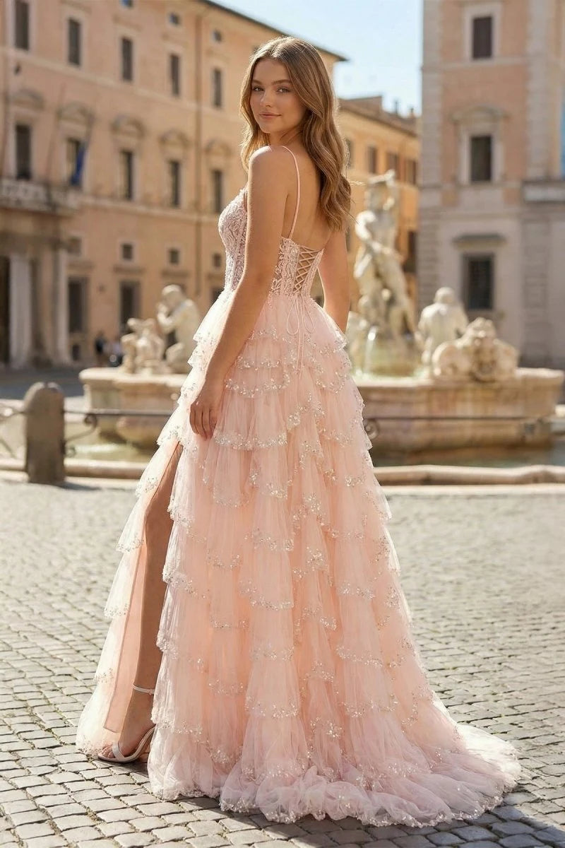 Glamorous A-Line Sweetheart Sleeveless Tiered Slit Pink Maxi Prom Dresses Women