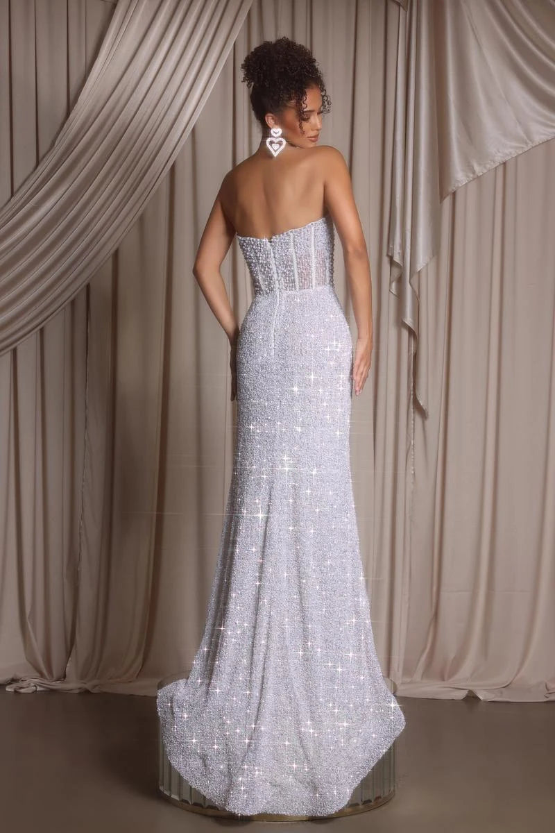 Glamorous A-Line Sweetheart Sparkling High Slit Shimmering Silver Floor-Length Prom Gown