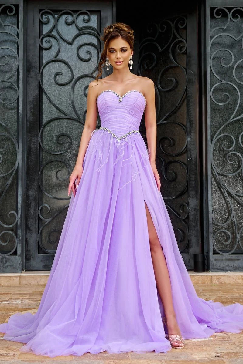 Glamorous A-Line Sweetheart Strapless Beaded Slit Lavender Floor-Length Prom Gown