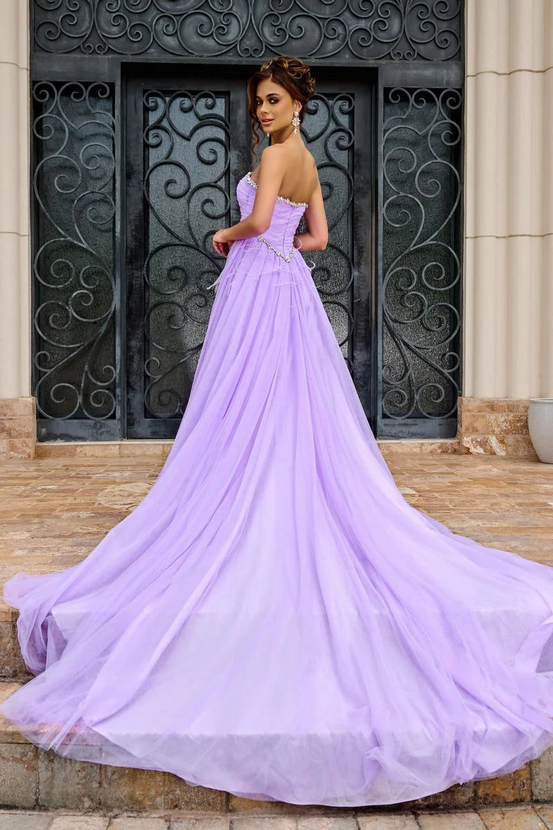 Glamorous A-Line Sweetheart Strapless Beaded Slit Lavender Floor-Length Prom Gown