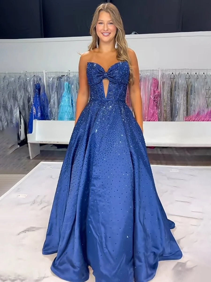Glamorous A-Line Sweetheart Strapless Bow Cutout Blue Long Prom Dresses Women