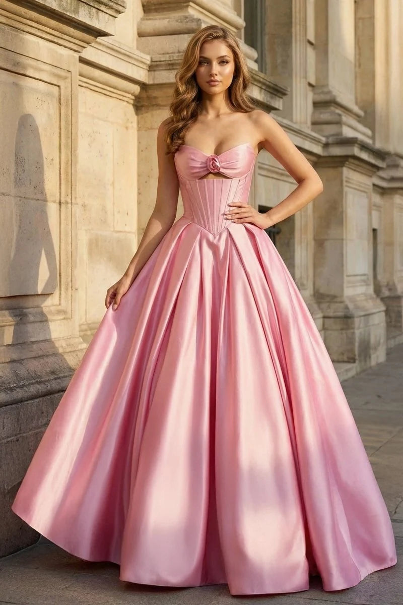 Glamorous A-Line Sweetheart Strapless Corset Pleated Pink Long Prom Dresses Women