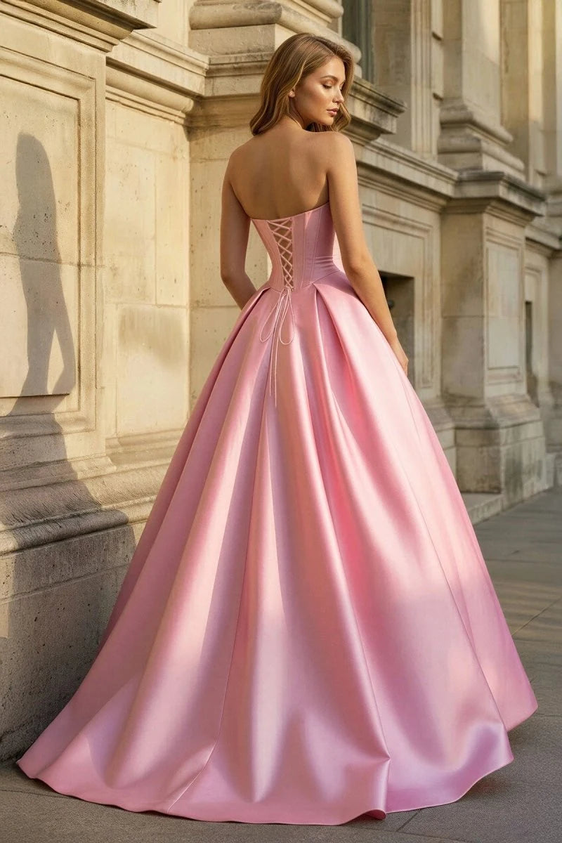 Glamorous A-Line Sweetheart Strapless Corset Pleated Pink Long Prom Dresses Women