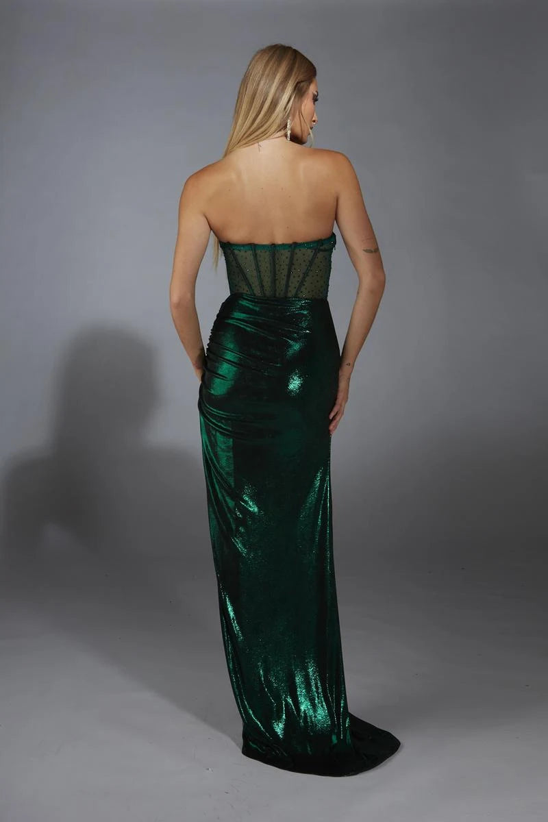 Glamorous A-Line Sweetheart Strapless Draped Shimmering Emerald Green Floor-Length Prom Dresses