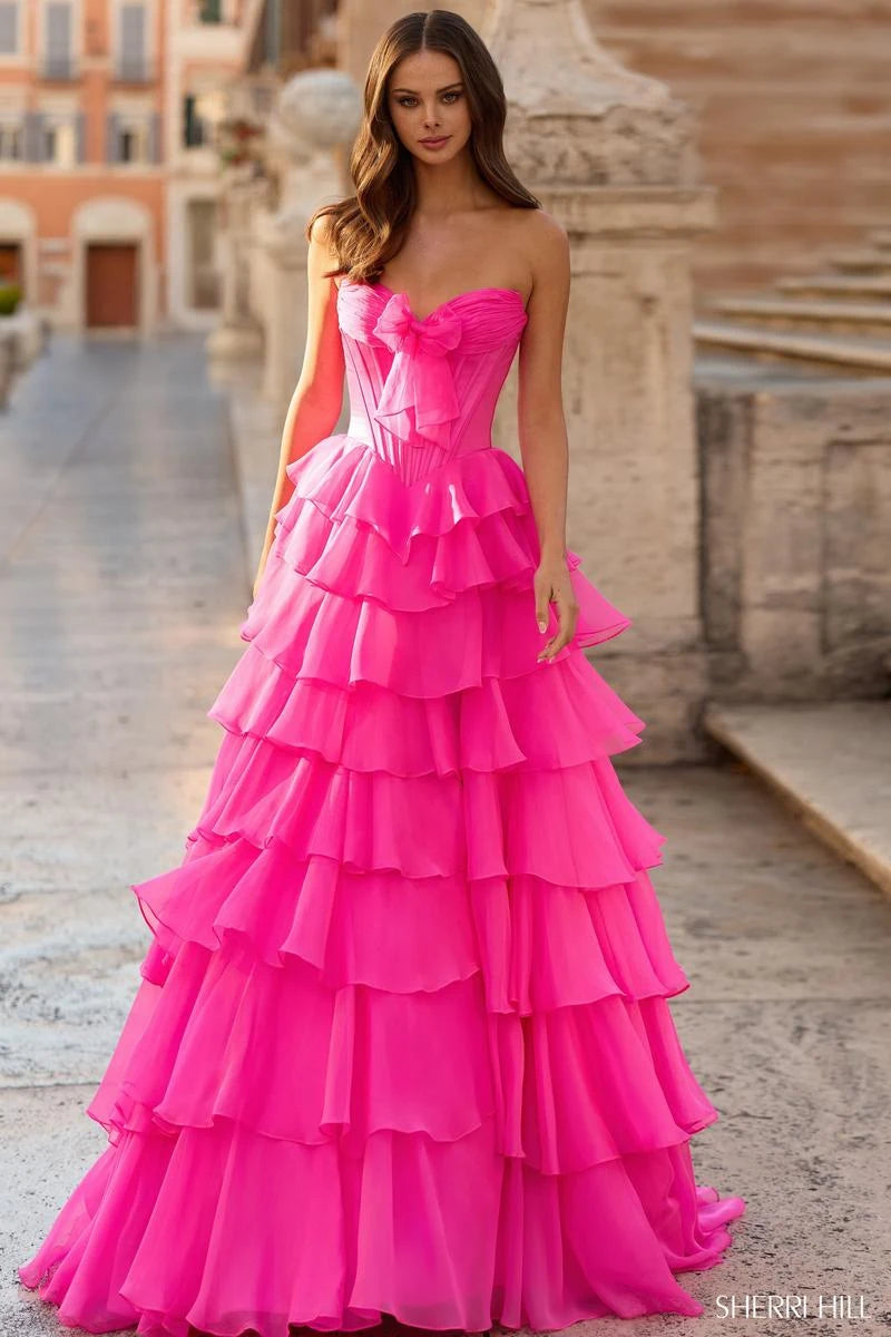 Glamorous A-Line Sweetheart Strapless Ruffled Fuchsia Pink Long Prom Dresses For Women