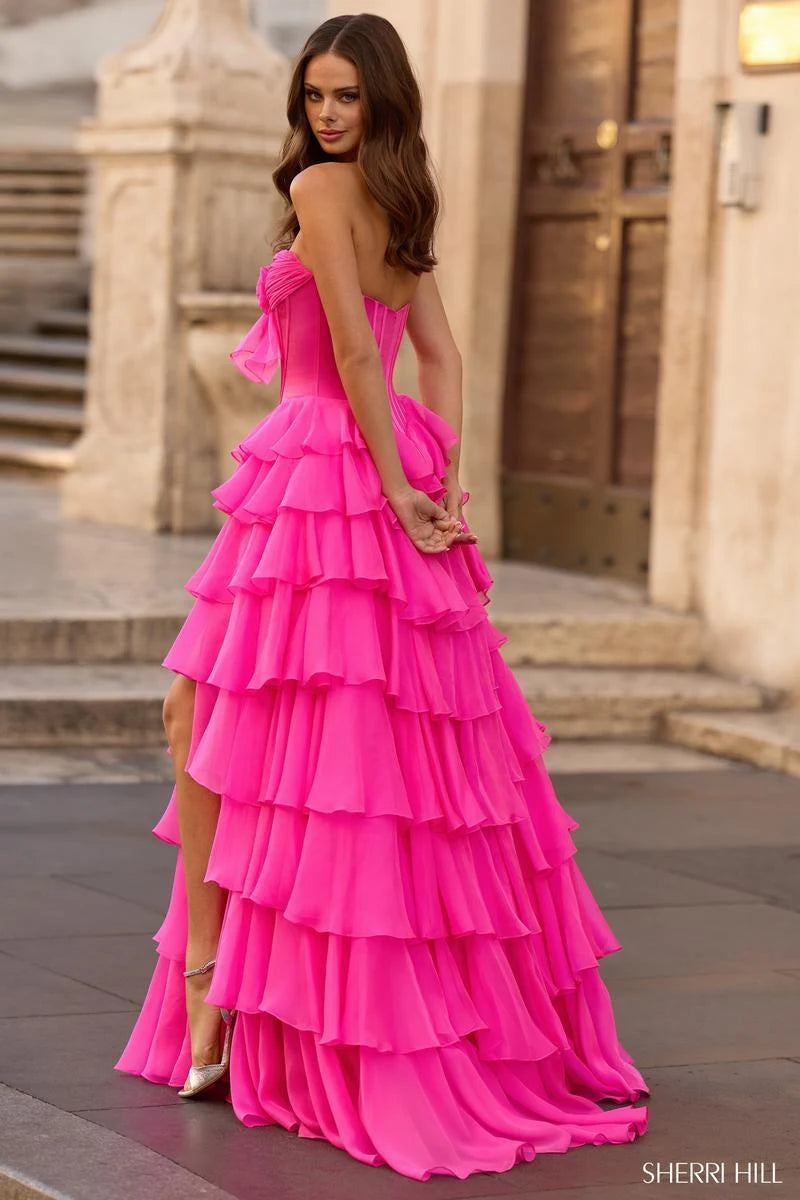 Glamorous A-Line Sweetheart Strapless Ruffled Fuchsia Pink Long Prom Dresses For Women