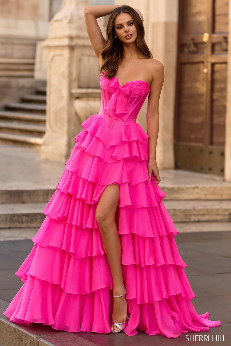Glamorous A-Line Sweetheart Strapless Ruffled Fuchsia Pink Long Prom Dresses For Women