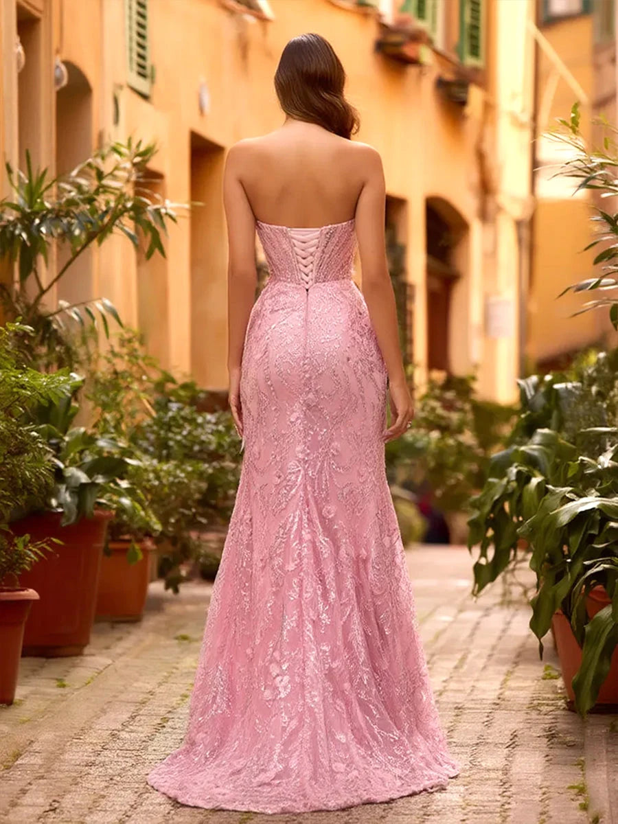Glamorous A-Line Sweetheart Strapless Sequin High Slit Pink Floor-Length Prom Gown
